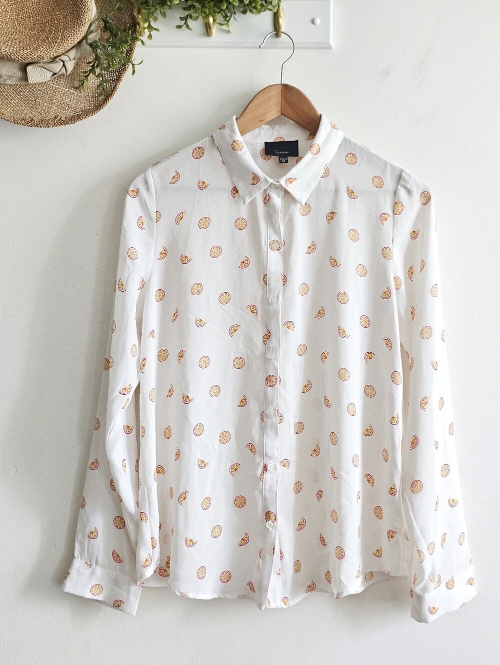 Lumiere Citrus Lemon Print Button Down Blouse White Long Sleeve M